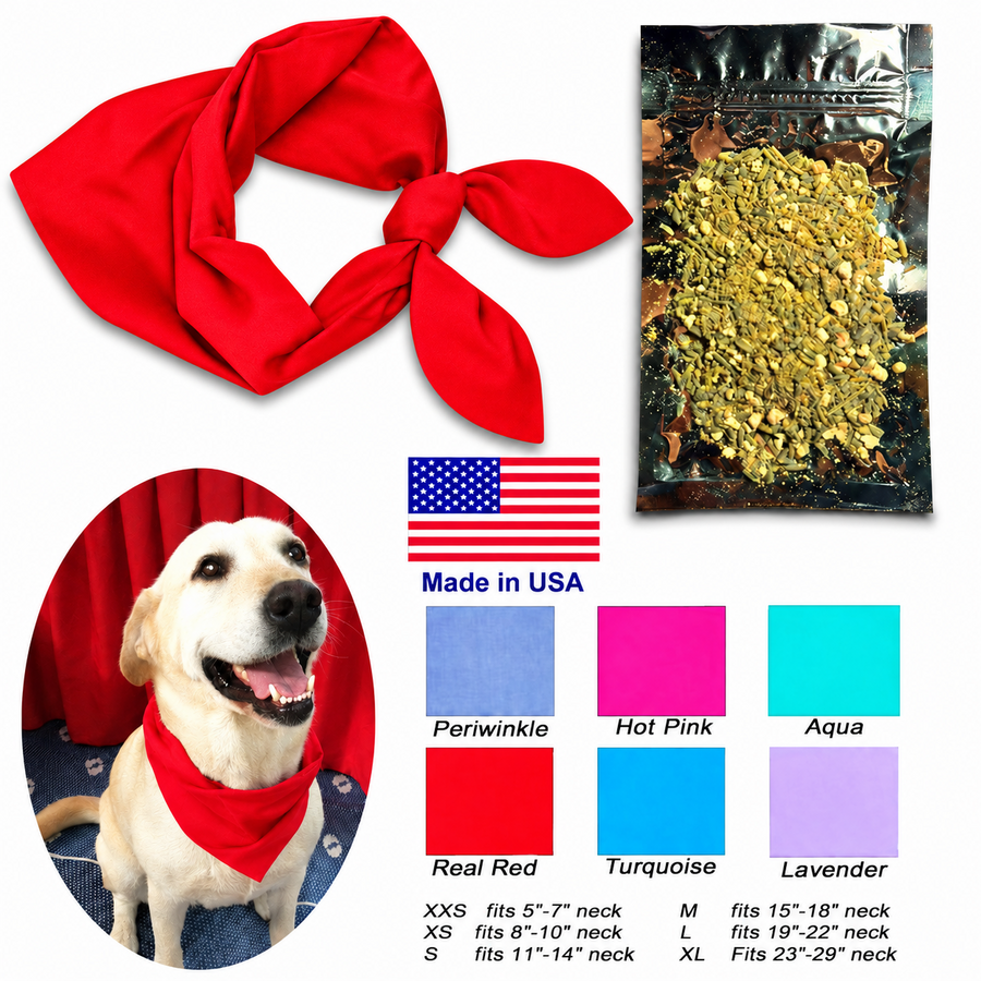 Placid Pet Bandana colors, calming herbs, and dog